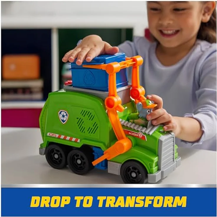 Paw Patrol Rocky's Recycling Truck, Deluxe Spielzeugfahrzeug mit 7 cm Rocky Figur und Funktion zum Verladen von Müll – Bild 6