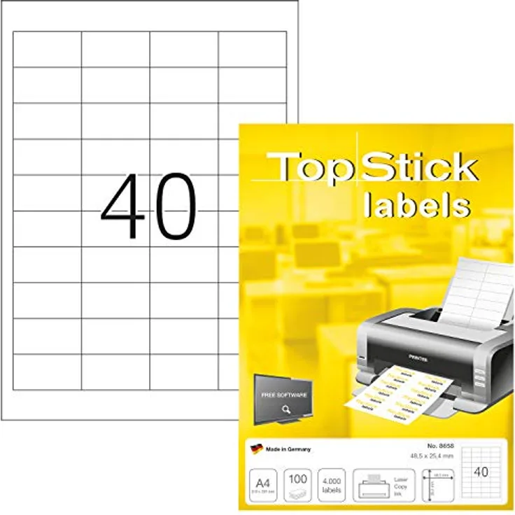 TopStick 8658 Universal Etiketten, 100 Blatt, selbstklebend, bedruckbar, matt, weiß, 48,5 x 25,4 mm, 4000 Stück
