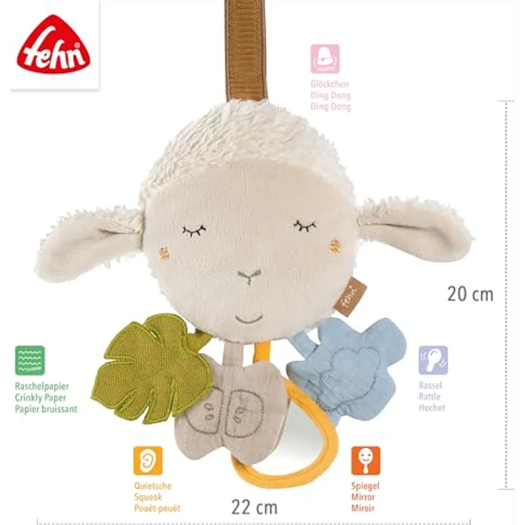 Fehn Greifspielzeug fehnNATUR, Activity-Schaf mit Geräuschen und Anhängern aus Bio-Baumwolle, zur Befestigung an Kinderwagen, Babyschale oder Bett – Bild 5