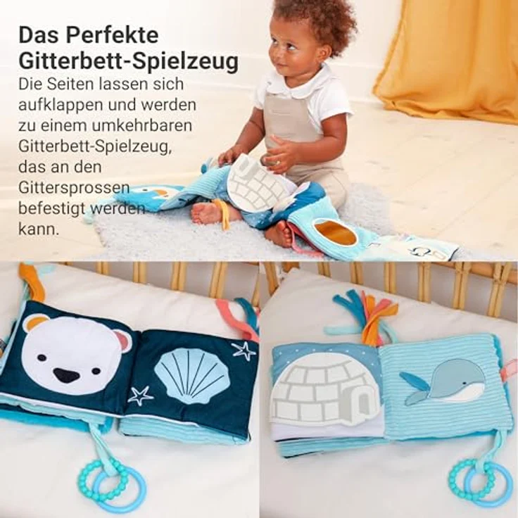 Little Big Friends Soft Activity Book 2 in 1, Mehrzweck-Entwicklungsspielzeug mit Beißring und einfacher Befestigung am Kinderbett – Bild 4