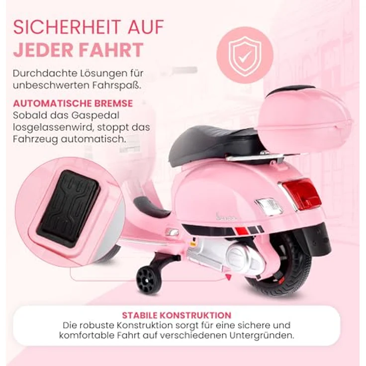 Sun Baby Elektrischer Kinderroller Vespa Maxi, 12V Elektrofahrzeug mit MP3, Kofferraum und Licht, rosa – Bild 4