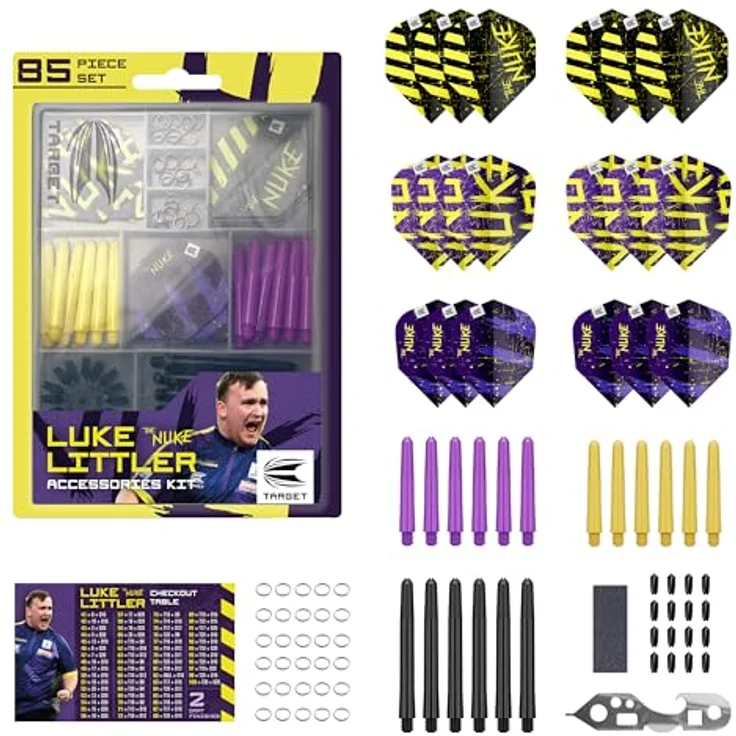 Target Darts Luke Littler Dart Accessories Set, 85-teilig mit Dart-Flügen in verschiedenen Farben, Pro Grip Schäfte, Multifunktionswerkzeug und Dartspitzenschärfer für Stahlspitzen – Bild 1