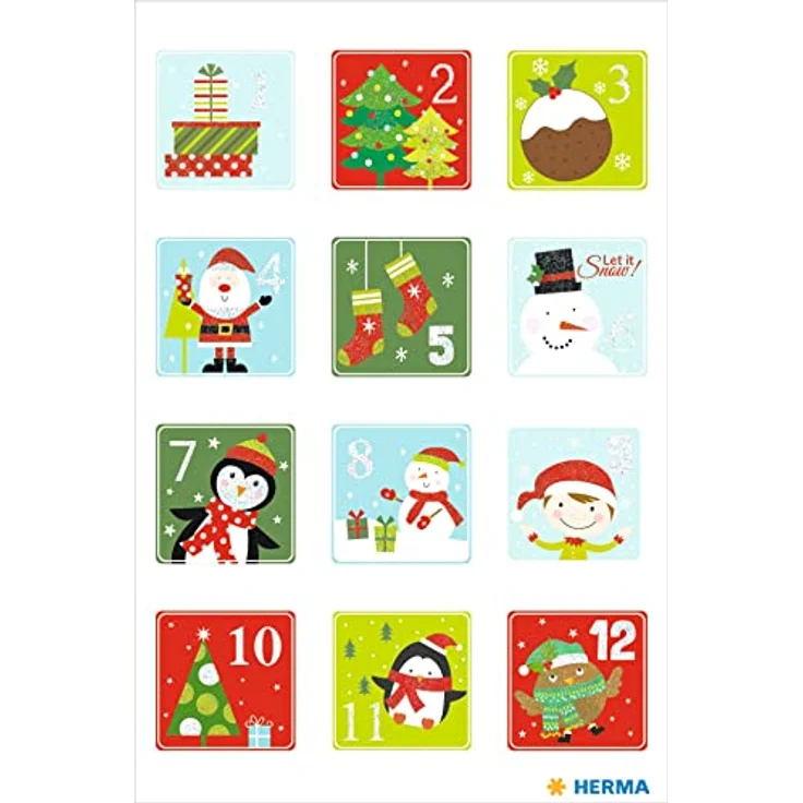 HERMA 15188 Aufkleber Zahlen 1-24 Glitzer, 24 Stück, Weihnachtssticker mit festlichen Motiven für Adventskalender und DIY Deko – Bild 2