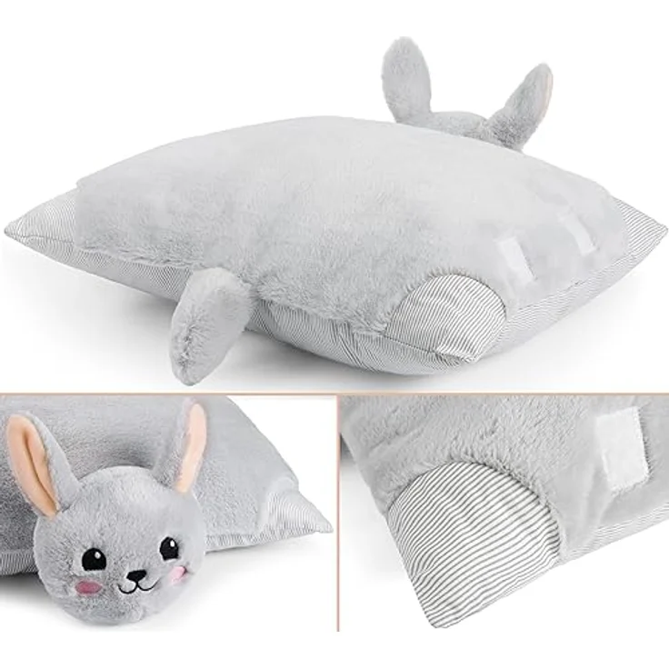 BRUBAKER Kuscheltier-Kissen Hase - 2 in 1 Plüschtier und Kuschelkissen - Grau, 40 x 30 cm - aufklappbares Kinder Plüschkissen mit Klettverschluss – Bild 5