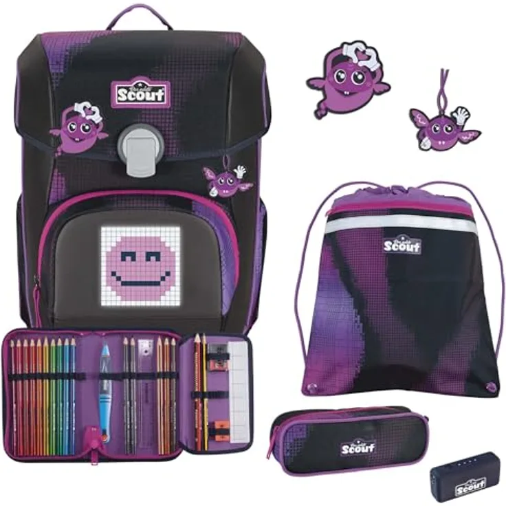 SCOUT Movie Star Neo Set, 4-teiliges Schulranzen-Set mit Pixel-Pad und Bluetooth-Funktion, Pink Pixel