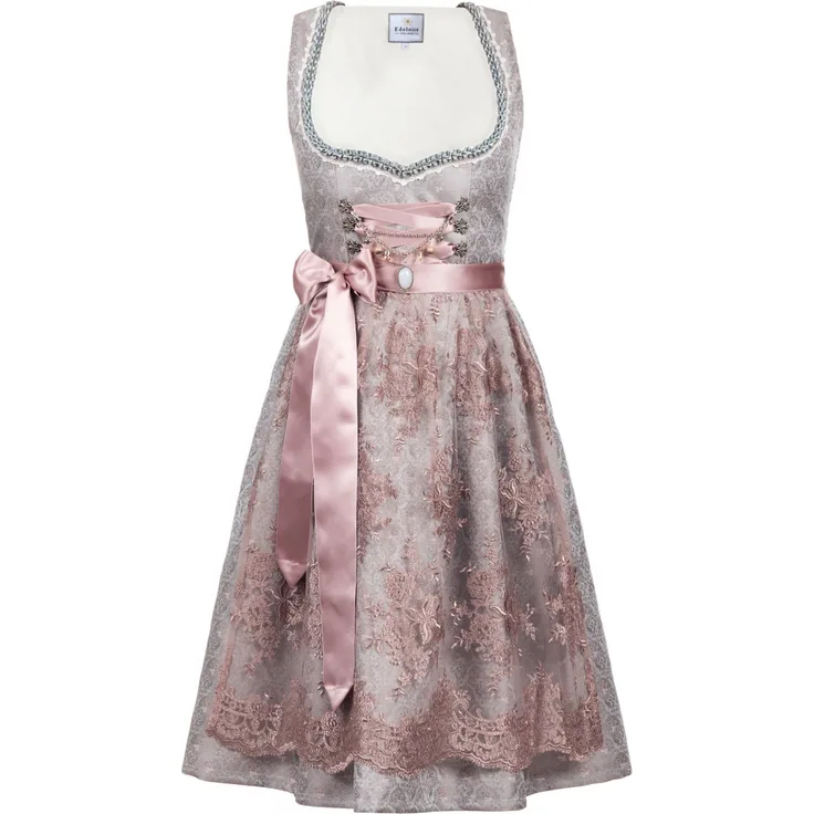 Edelnice Dirndl Aurelie, Midi Dirndl mit Jaquardstoff und Spitzenschürze, zart rose