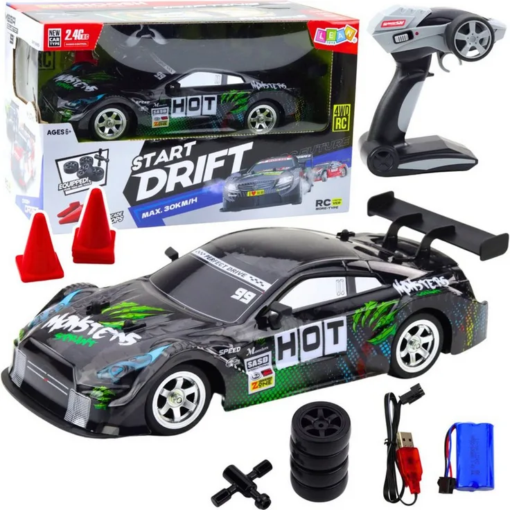Wisam RC-Auto Drift Car, 1:16 Schwarz Grün, 30 km/h mit 4WD-Allradantrieb und Drift-Reifen