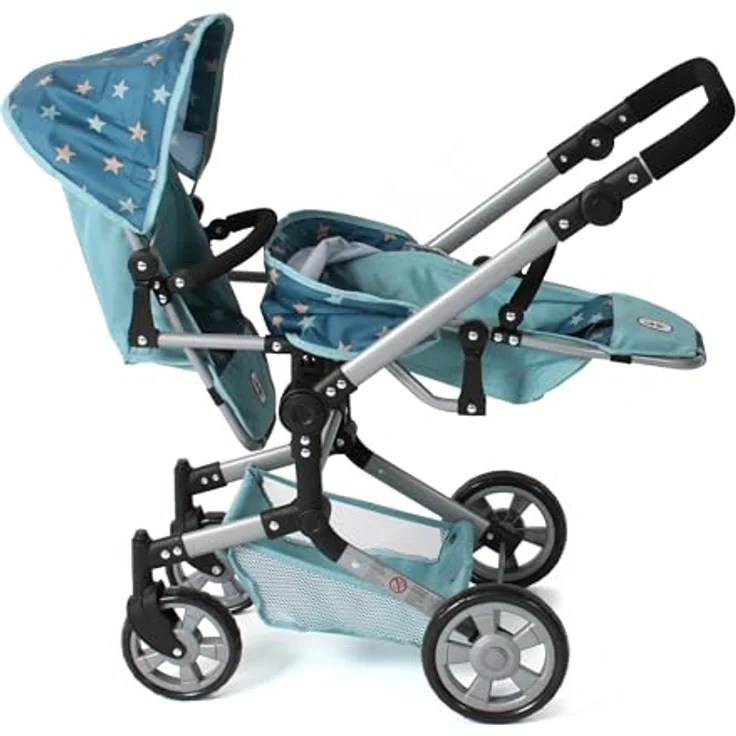Bayer Chic 2000® Puppenwagen Linus Duo, faltbarer Zwillingspuppenwagen in Sternchen Türkis, verstellbarer Griff 50-82 cm, für Puppen bis 50 cm, geeignet für Kinder von 4-8 Jahren – Bild 5