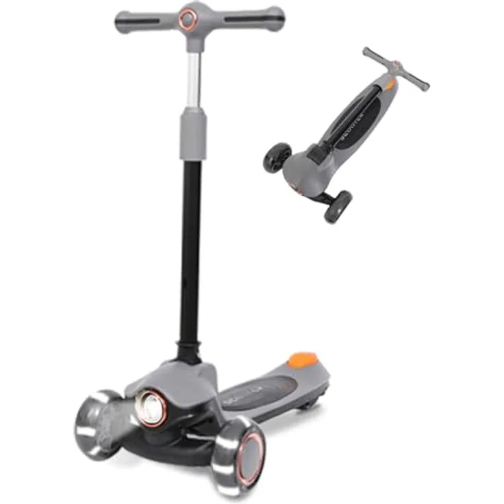 Habib Gruppe Kinderroller Tretroller 3-Rad, LED Frontlicht & Rücklicht, Höhenverstellbar & Faltbar, rutschfest, pannensicher, grau, für 3-10 Jahre