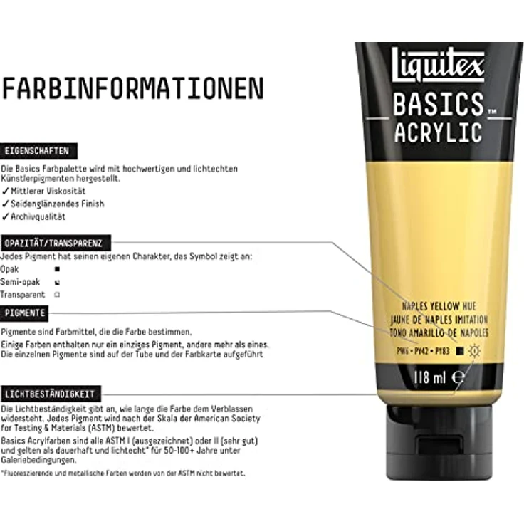 Liquitex Basics Acrylfarbe Neapelgelb, 118ml Tube, lichtecht, mittlere Viskosität, seidenglänzend, monopigmentiert, Archivqualität – Bild 3