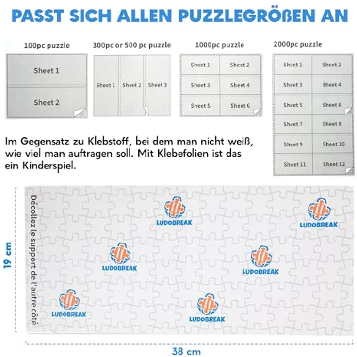 LUDOBREAK Puzzlekleber für 1000 und 2000 Teile, rahmenloses Aufhängen mit Tutorial-Video auf Deutsch, ungiftige Klebefolie für Kinder und Erwachsene – Bild 5