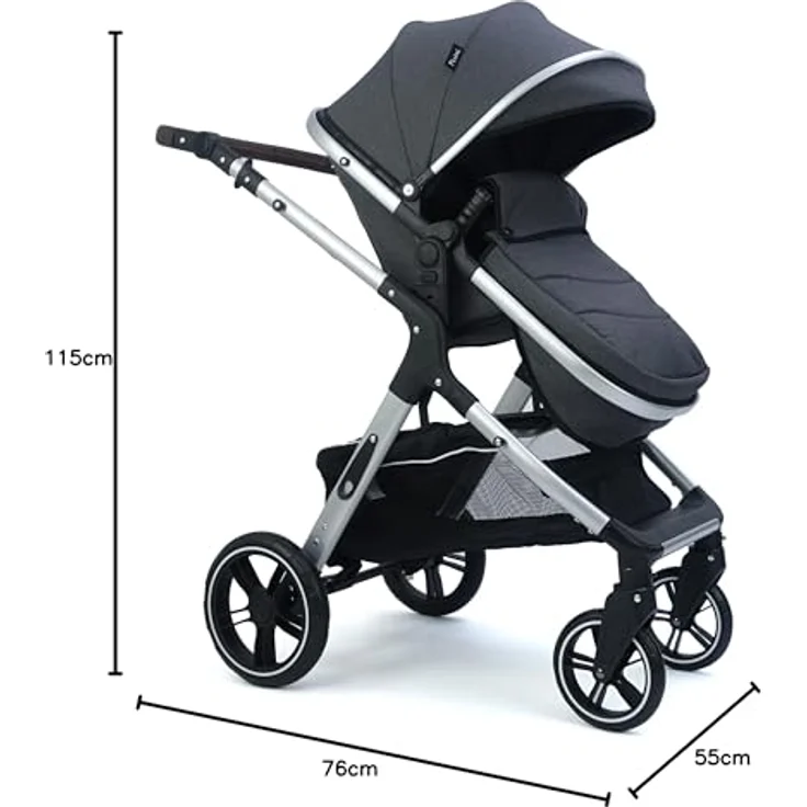Pixini Kinderwagen Nelio 3in1 Kombikinderwagen, inkl. Babywanne & Buggy & Auto-Babyschale & Wickeltasche/Becherhalter/Regenschutz/Adapter (silber/grau) – Bild 8