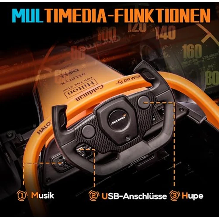 AIYAPLAY Elektro-Kinderauto 12V Kinderfahrzeug mit 2,4G-Fernbedienung, Orange, für 3-5 Jahre Kinder, offiziell lizenziert von McLaren, Dualmotoren, Hupe, USB, Musikfunktion – Bild 6
