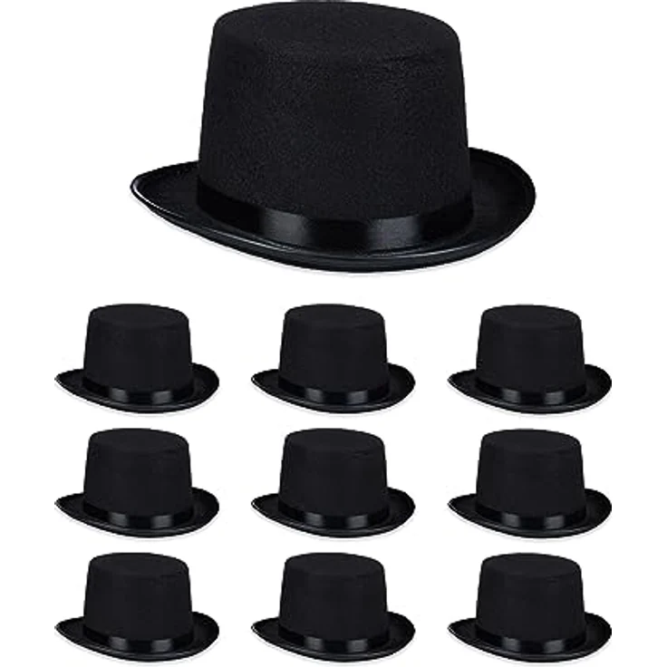 Relaxdays Zylinder Hut 10er Set, Kostümzylinder für Damen & Herren, Kopfumfang 58 cm, schwarz, für Halloween und Karneval – Bild 1