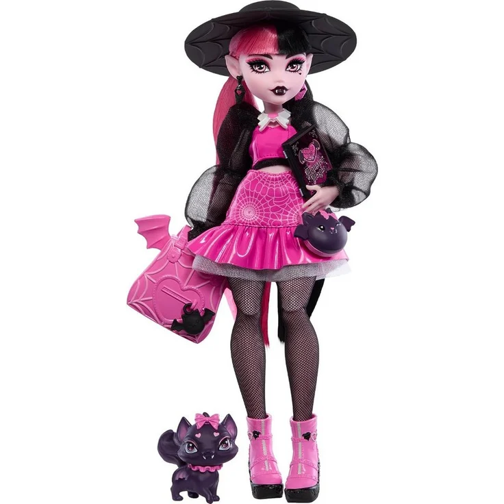 Mattel® Anziehpuppe Monster High Draculaura with Pet Fabulous Doll, Rosa und Schwarz, Gruselige Accessoires, Voll artikuliert – Bild 1