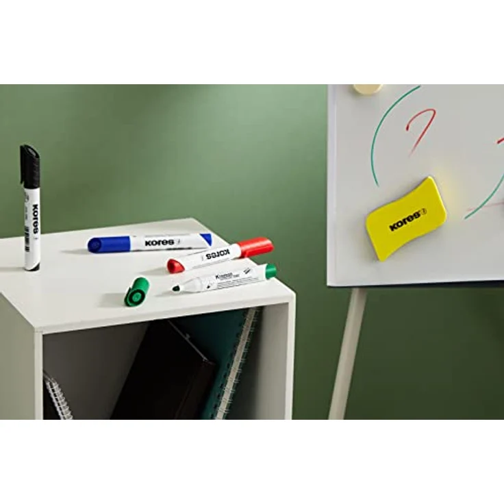 KORES Whiteboard Marker Set M20863, 5er Set mit 3mm Rundspitze in schwarz, blau, rot, grün + magnetischer Schwamm, schnell trocknend, rückstandslos entfernbar – Bild 6