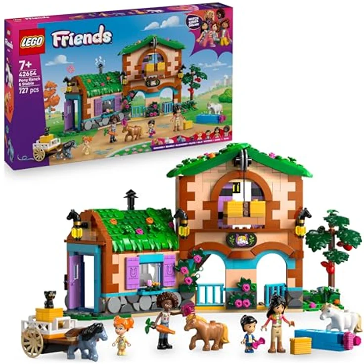 LEGO Friends 42654 Ponyhof & Stall Bausatz, Spielset mit 727 Teilen, Heulift und Zubehör für Pferdefans, Mehrfarbig – Bild 1