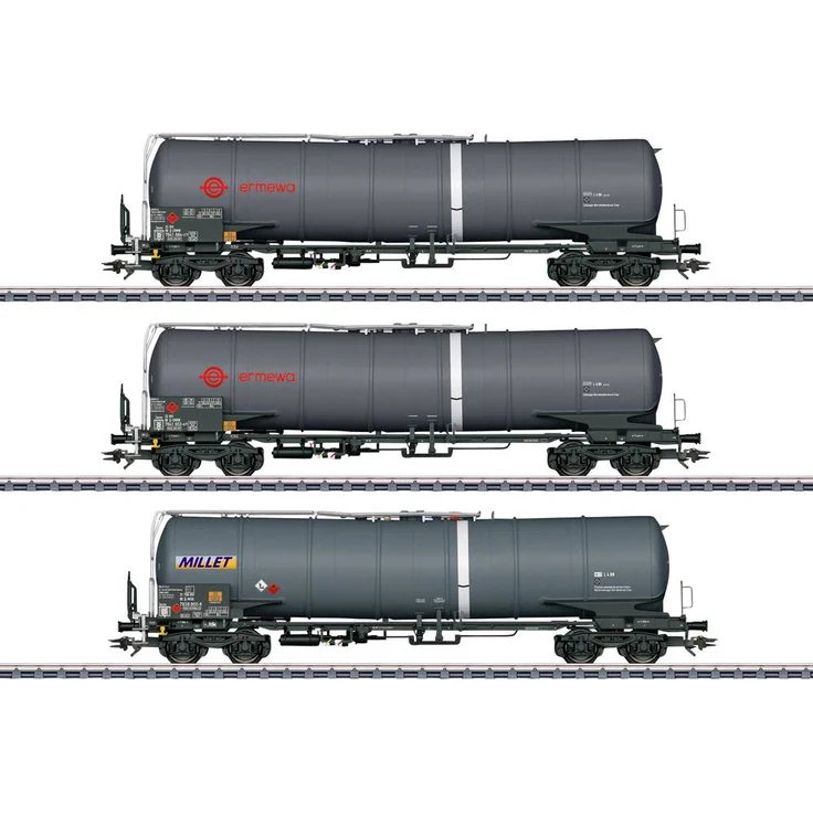 Märklin 047551 Güterwagen Kesselwagen AC, Set mit 3 Kesselwagen Bauart Zacns, 95m³ Fassungsvermögen, mit Drehgestellen Y25Lsd1, detaillierte Ausführung und verschiedene Betriebsnummern
