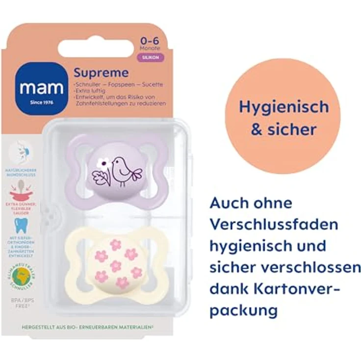 MAM Supreme Schnuller im 2er-Set, für gesunde Zahn- und Kieferentwicklung, mit Schnullerbox, 0-6 Monate, Vogel/Gänseblümchen – Bild 2
