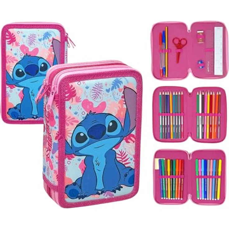 Disney Lilo & Stitch Wave Federmäppchen, 3-stöckig gefüllt mit Bunt-, Filzstiften und Zubehör, fröhliches Design – Bild 7