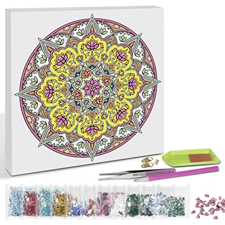 Ursus 43520003F - Diamond Painting Mandala Set 3, Bastelset mit Steinchen in gelb, weiß und rot, 1 Leinwand 30 x 30 x 1,5 cm – Bild 2