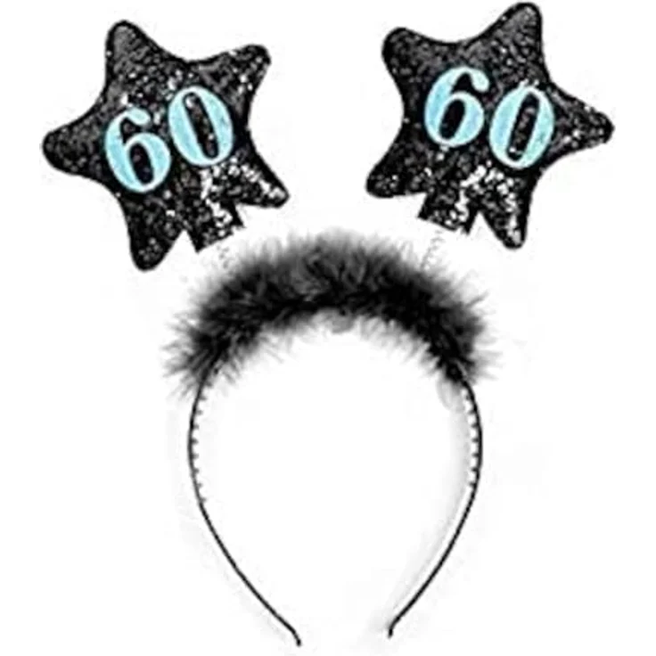 PartyDeco Haarreifen 60. Geburtstag, Stirnband mit Gläsern und Sternen, schwarz mit Fell, 13 cm hoogte Sterne – Bild 1