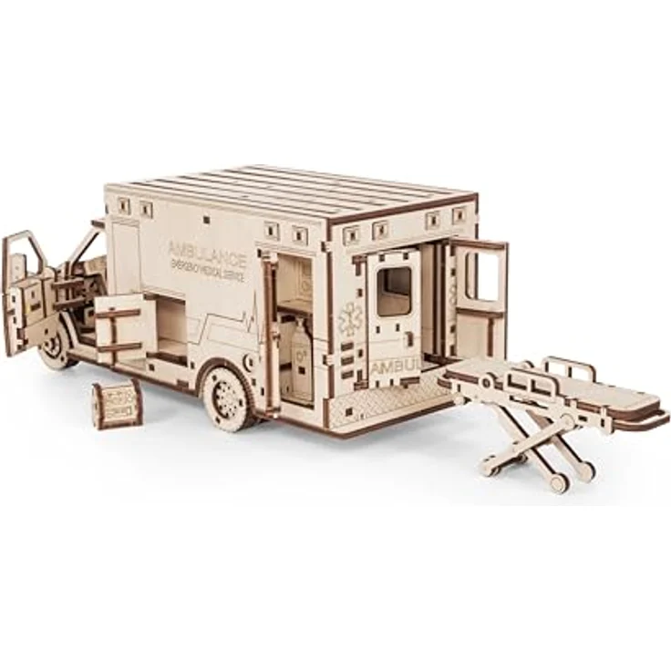 EWA Eco-Wood-Art 3D Puzzle Krankenwagen EWA, Holzmodell mit 386 lasergeschnittenen Teilen und mechanischem Aufziehmotor – Bild 3