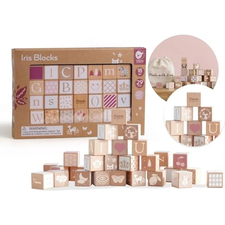 Classic World Wooden Iris Blocks 29 Stück, Holzspielzeug mit Buchstaben, Zahlen und Mustern – Bild 1