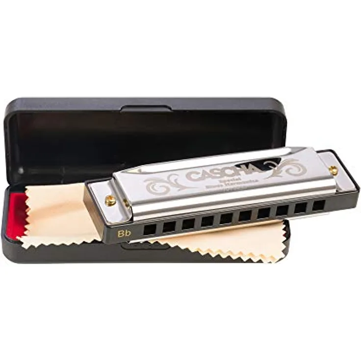 CASCHA HH 2230 Mundharmonika in Bb-Dur inklusive Case und Pflegetuch, Special Blues Country Mouth Harmonica, für Anfänger und Kinder, Silber