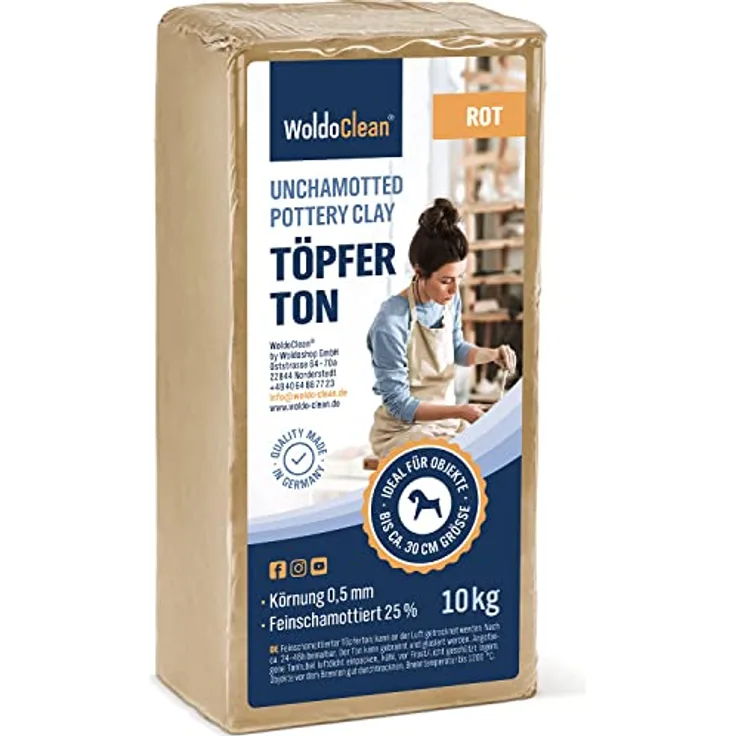 dynamic24 Modelliermasse Woldoclean, Töpfer-Tonmasse 10kg rot, lufttrocknend, feinschamottiert 0,5mm für kreative Projekte