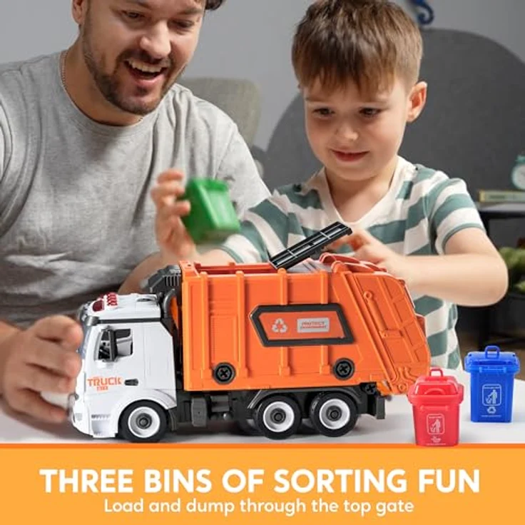 JOYIN Jumbo Take Apart Müllwagen-Spielzeug, reibungsbetrieben mit Licht und Geräuschen, mit 3 Mülleimern und Schraubendreher, DIY-Bausatz, orange – Bild 5