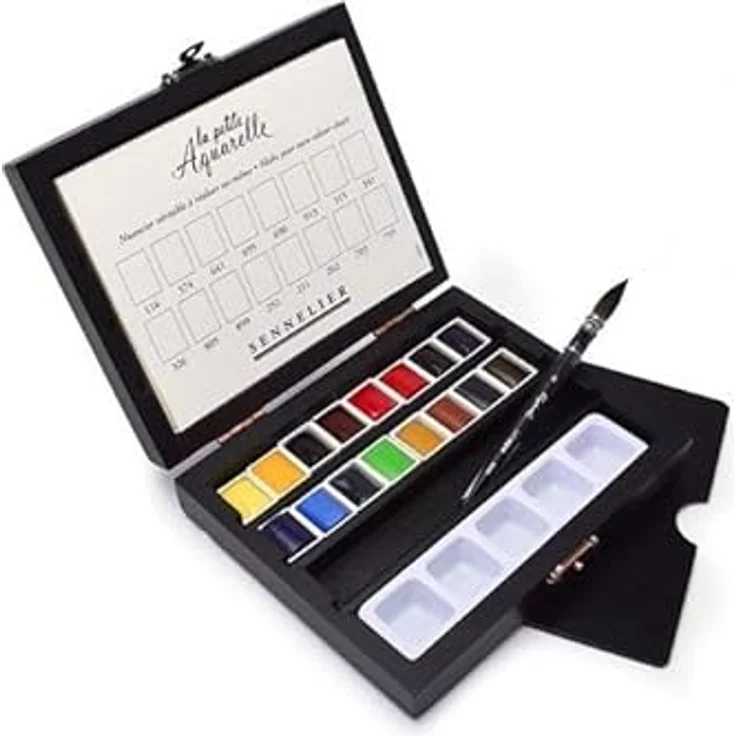 Sennelier La Petite Aquarelle Travel Watercolor Set, Schwarz, mit 16 Halb-Pan-Farben, Papierblock und Mini Pinsel Größe 4 – Bild 2
