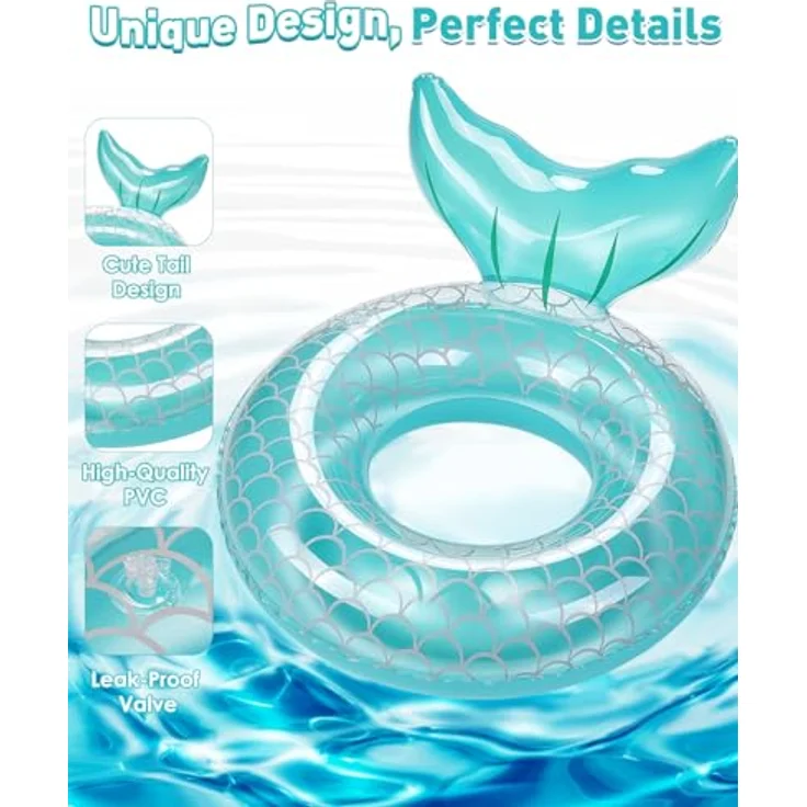 HeySplash Aufblasbarer Schwimmring im Meerjungfrau-Design, PVC Schwimmreifen für Kinder/Erwachsene, blau, max. 88 Lbs – Bild 3