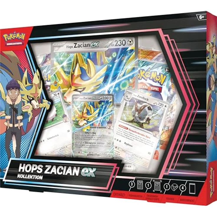 Pokemon Pokémon-Sammelkartenspiel: Kollektion Hops Zacian-ex (3 holografische Promokarten, 1 überdimensionale holografische Karte & 4 Boosterpacks) – Bild 3