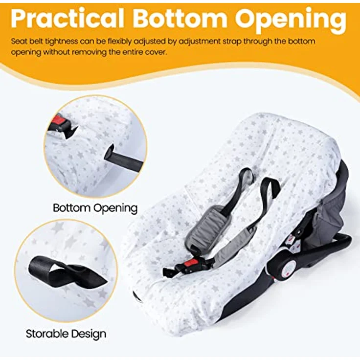 Orzbow Sommerbezug für Babyschale, Universal Schutzbezug aus 100% Baumwolle, atmungsaktiv und maschinenwaschbar, für Maxi Cosi, CabrioFix, Pebble, Weiß Sterne – Bild 5