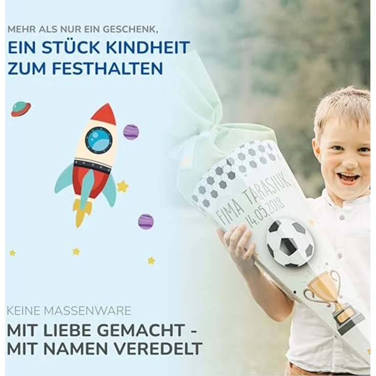Kidsmood Raketen Schultüte, personalisierbares Bastelset mit Rohling, Stoff & Holzschild für Einschulung 2026, cooles Rakete Design – Bild 2