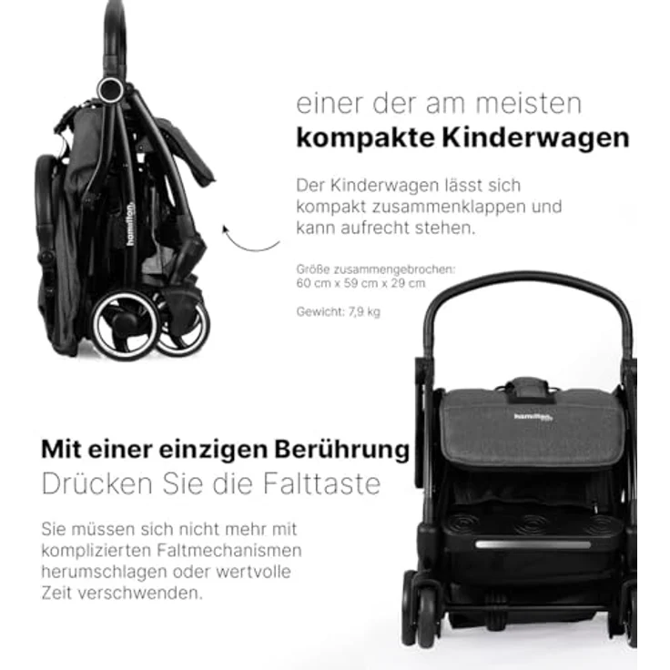 Hamilton by Yoop XL Kinderwagen – Premium Buggy mit MagicFold™ - Extra großer Gepäckraum – Verstellbarer Griff – Mit Becherhalter – Leichter und wendiger buggy - Melange dunkelgrau – Bild 3