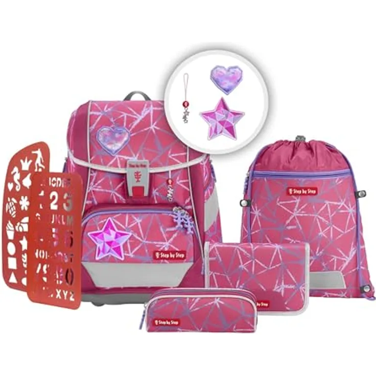 Step by Step Schulranzen-Set 2IN1 Plus „Star Stella“, 6-teilig, ergonomischer Tornister in lila-rosa mit Stern-Design, höhenverstellbar, inkl. Reflektoren und Hüftgurt, 19L für Mädchen ab der 1. Klasse
