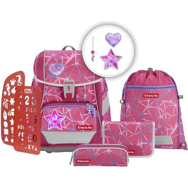 Step by Step Schulranzen-Set 2IN1 Plus „Star Stella“, 6-teilig, ergonomischer Tornister in lila-rosa mit Stern-Design, höhenverstellbar, inkl. Reflektoren und Hüftgurt, 19L für Mädchen ab der 1. Klasse – Bild 1