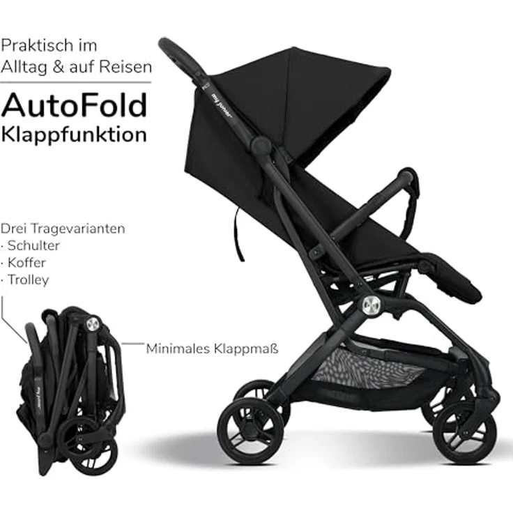 my junior® Buggy PICO² | bis 22kg | Einhand AutoFold-Klappmechanismus | Ergonomische Liegeposition nach IGR e. V. | großes Sonnenverdeck UV50+ | Handgepäckmaß | 2 Belüftungsfenster - Black Night – Bild 3