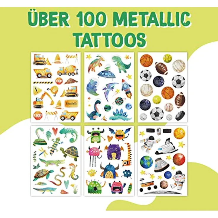 Papierdrachen 100 Metallic-Tattoos für Kinder, hautfreundliche Kindertattoos Bagger und Dino, 6 Bögen in Silber, hergestellt in Deutschland – Bild 2