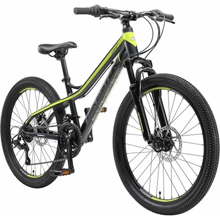 BIKESTAR Alu Mountainbike Jugendfahrrad 24 Zoll ab 9-14 Jahre Hardtail | 21 Gang Shimano Schaltung, Scheibenbremse, Federgabel | Kinder Fahrrad Schwarz & Grün | Risikofrei Testen