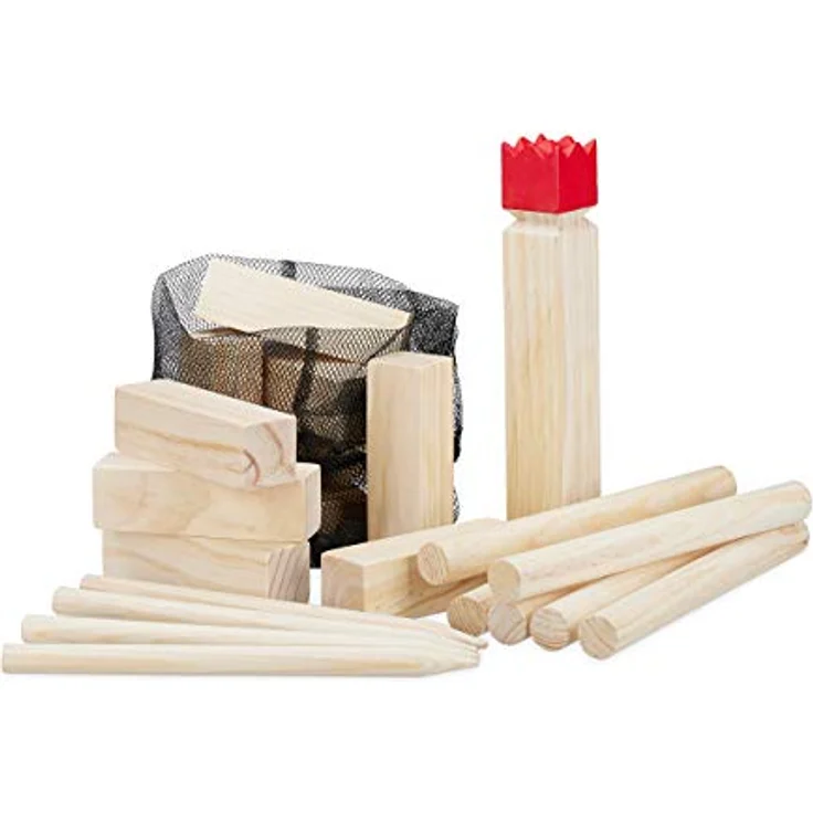 Relaxdays Wikinger Wurfspiel aus Kiefernholz, Natur Kubb Wikingerspiel, roter König, groß, Gartenspielzeug mit Tasche – Bild 1