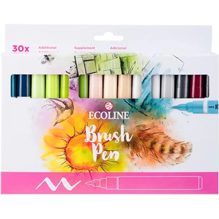 Ecoline Brush Pen-Set 30 flüssige Aquarellstifte in leuchtenden Farben – Mischbare Pinselstifte für Handlettering und Zeichnen