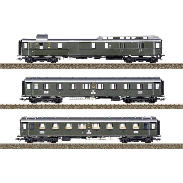 TRIX H0 23650 H0 Wagen-Set PwPost4ü-28 der DRG, 3-teiliges Modell aus der Einheitsbauart 1928-1930, braungrün mit LED-Innenbeleuchtung