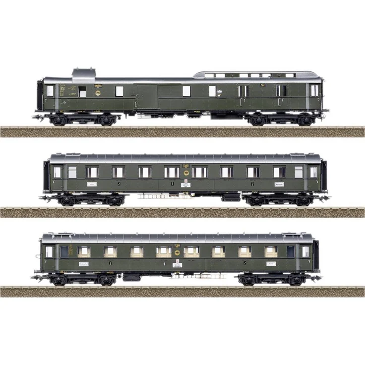 TRIX H0 23650 H0 Wagen-Set PwPost4ü-28 der DRG, 3-teiliges Modell aus der Einheitsbauart 1928-1930, braungrün mit LED-Innenbeleuchtung