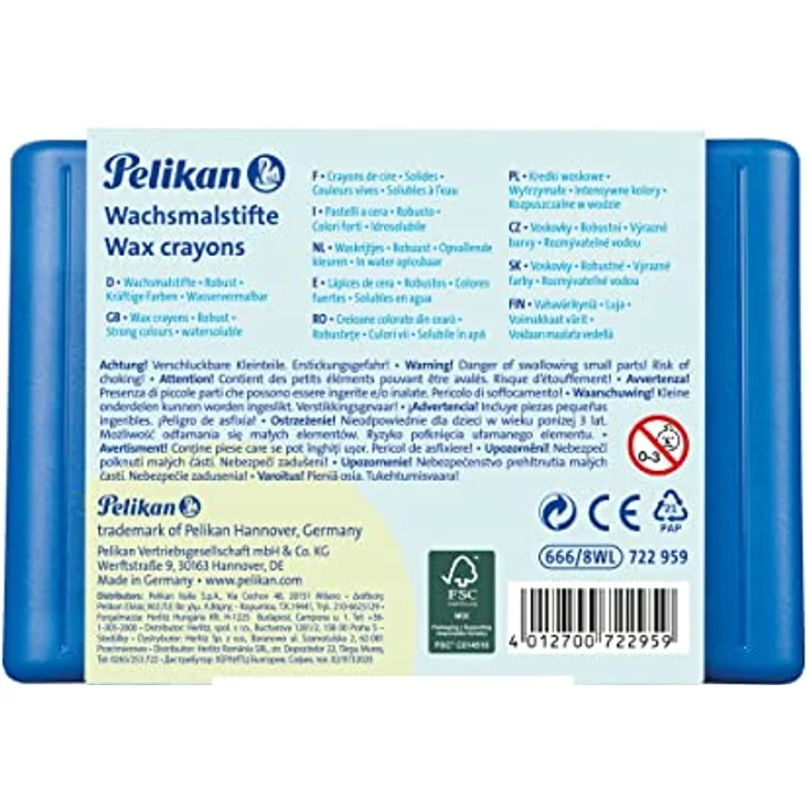 Pelikan Wachsmalstifte wasservermalbar Kunststoff-Etui blau mit 8 dicken runden Stiften und Schaber – Bild 2