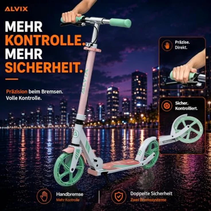 ALVIX Cityroller Kinderroller K-Serie mit Handbremse, faltbar, 200-mm-LED-Räder, breites 120-mm-Deck, Tragegurt, empfohlen ab 6 Jahren – Bild 3