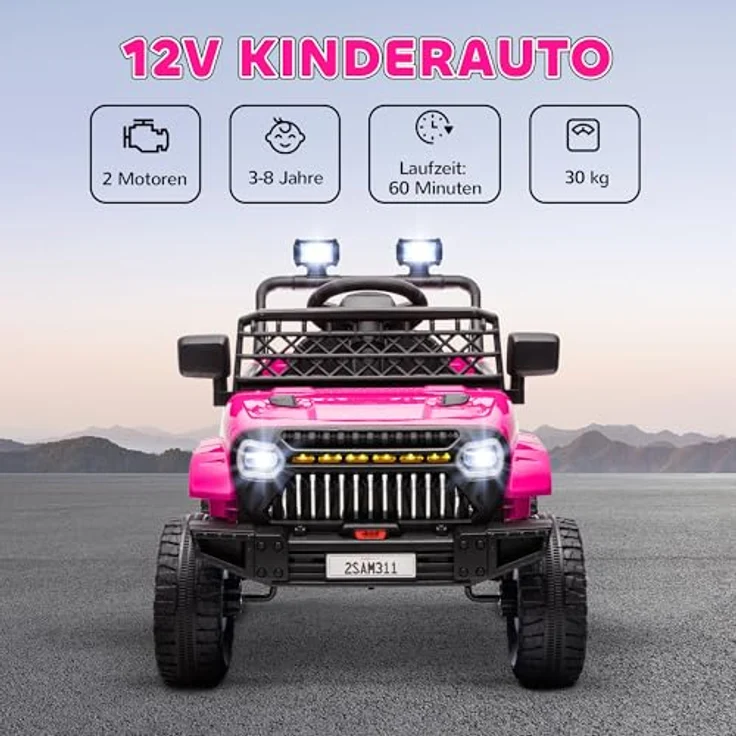 AIYAPLAY Kinder Elektroauto 12V, elektrisches Kinderfahrzeug mit 2 Motoren, 2,4 GHz Fernbedienung, 3 Geschwindigkeiten, Hupe, LED Musik, USB-Anschluss, 4 gefederte Räder, rosa, für 3-8 Jahre – Bild 3