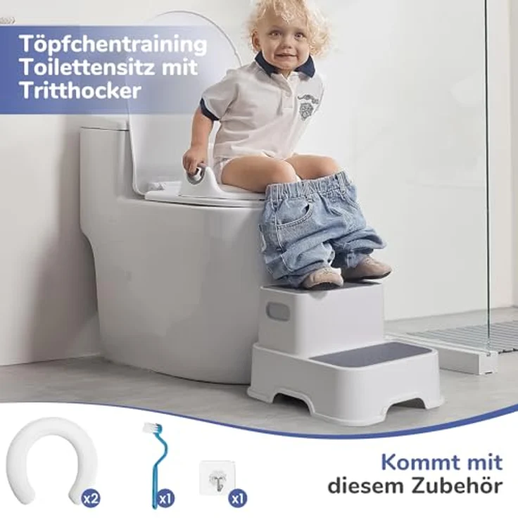 DEANIC Toilettensitz für Kinder mit Tritthocker, weicher Sitzpolster und Spritzschutz, grau, 2 Kissen und 1 Bürste – Bild 2